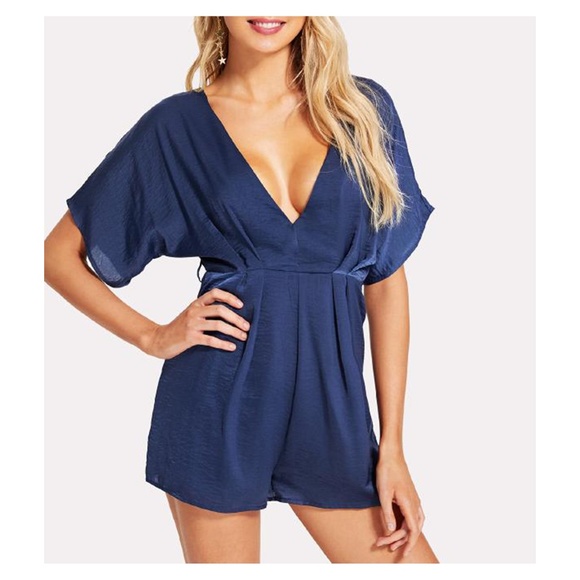 Navy Blue V Neck Short Sleeve Satin Romper - Picture 1 of 5